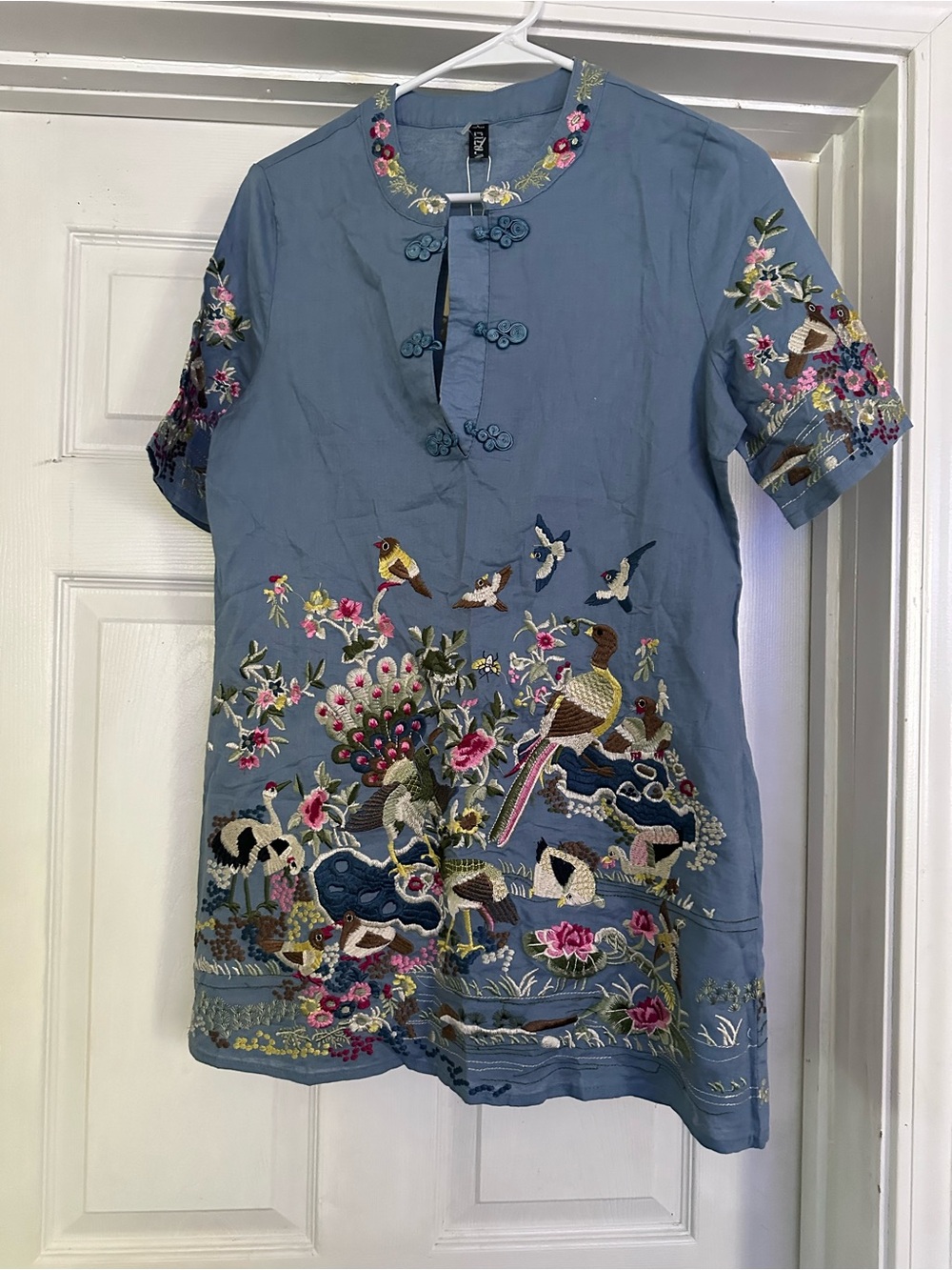 Embroidered Blue Floral & Bird Tunic Top